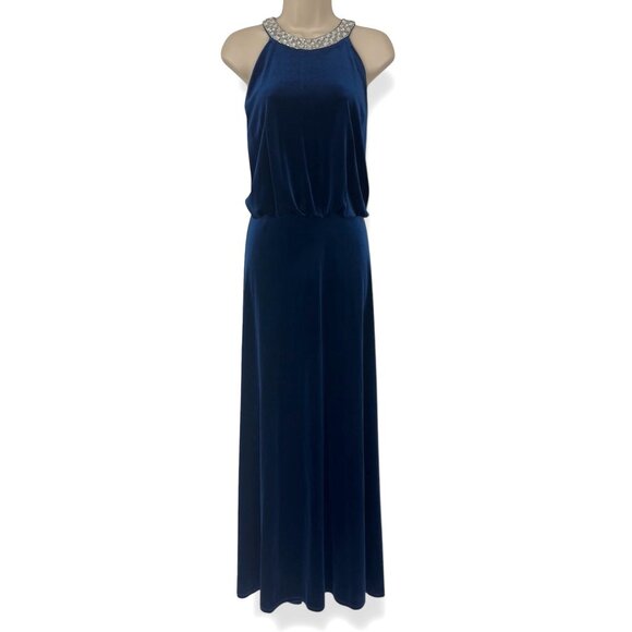 Marina Midnight Blue Velvet Blouson Embellished Long Gown Size 16W 1X Dress Plus - Picture 2 of 9
